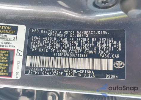 2013 Toyota Camry Se z USA, uszkodzony, nr VIN 4T1BF1FK2DU711893